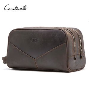 Cosmetic Bags Cases CONTACT'S crazy horse genuine leather men cosmetic bag travel toiletry bag big capacity wash bags man's make up bags organizer 231026