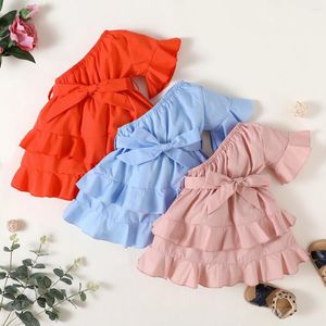 Girl Dresses Summer 2023 Arrivals Girls Single Shoulder Short Sleeve Ruffles Sashes Pink Infantil Menina Cute Party Dress Custume 0-2T