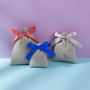 Jewelry Pouches 10pcs Thick Velvet Grey Drawstring Gift Bags With Ribbon For Makeup Wedding Favor Party Candy Cosmetic Storage Packaging