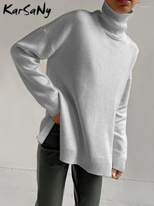 Kvinnors tröjor Turtleneck grå tröja Kvinnor Knit långsides slits tröjor vinter överdimensionerad jumper mjuk för varm