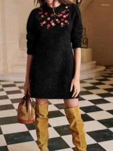 Casual Dresses Black Embroidery Floral Knit Robe Women's Mohair Wool Blend 2023 Spring Long Sleeve Soft And Fluffy Knee-length Dress