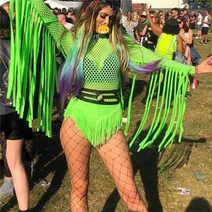 Women's Jumpsuits & Rompers Neon Green Fishnet Sexy Bodysuits Tassel Long Sleeve See Through Jumpsuit Women Party Rave Festiv224Y