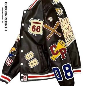 Men's Leather Faux Leather Hip Hop PU Leather Jacket Men Motorcycler Flocking Embroidery Loose Biker Baseball Jackets Unisex Y2k High Street Racing Coat 231026