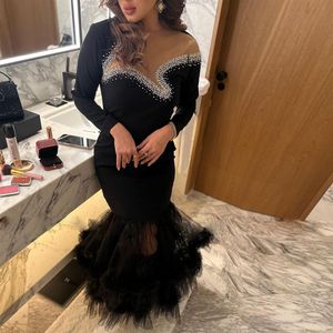 Black Bodycon Ankle Length Prom Dresses Jewel Neck Long Sleeve Short Evening Party Dress Arabic Dubai Formal Wears 326 326