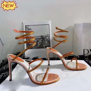 Snake Rhinestone Strass Stiletto Sandals Rene Caovilla Cleo 95mm Evening Shoes Women's High Heels Ankle Wraparound Designer Factory