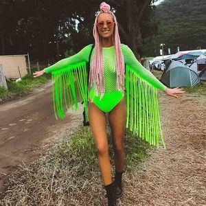 Kvinnors jumpsuits rompers Neon Green Fishnet Grid Bodysuits Tassels Lång ärm se genom Jumpsuit Women Party Clubwear R233s