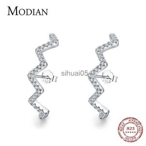 Stud MODIAN Geométrico 925 Sterling Silver Wave Ear Studs com Clear CZ para Mulheres Meninas Moda Brincos Bohemian Fine Jewelry YQ231026