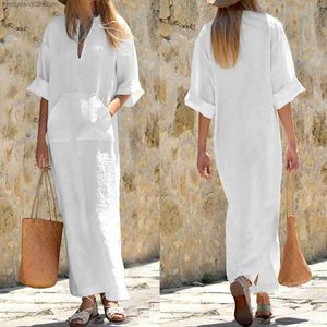 Basic Casual Dresses Summer Shirt Long Dress Women Casual Long Sleeve Side Split Cotton Linen Dresses 2023 Female Retro Solid Pocket Loose Dress T231026