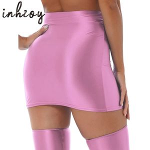 Sexy Skirt Women Glossy Pencil Skirt Oil Shiny Bodycon Miniskirt High Waist Cheer Booty Clubwear Pole Dancing Outfit Nightclub Rave Costume 231025