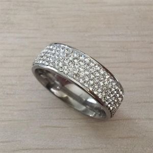 Top Quality Full 5 Row clear white Crystal Jewelry Whole silver Color Stainless Steel Wedding Rings women USA size294k