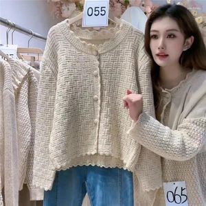 Women's Knits Limiguyue Jacquard Patchwork Lace Knitwear Coat Long Sleeve Knit Cardigan Women Cashmere Wool Sweater Short Jackets Apricot