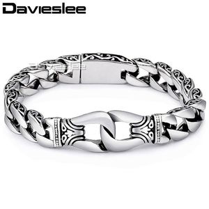 Davieslee pulseira masculina corrente 316l aço inoxidável punk pulseiras para homens curvo cor prata corrente cubana link 15mm lhb10 j12205