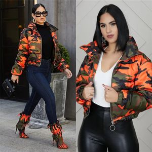 Women's Down Parkas Winter Women Short Parkas High Collar Full Sleeve Zipper Camouflage Print Coat High Street Outer Night Club Jacket Tops 231025