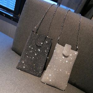 Abendtaschen Mini-Umhängetaschen für Mädchen, glänzendes Silber, Strass, Crossover-Geldbörsen, schwarze lange Kette, Umhängetasche, Tasche für Handyfrau 231026