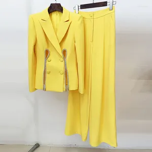 Calças de duas peças femininas botão decoração primavera amarelo jaqueta blazer perna larga elegante conjunto roupas de escritório