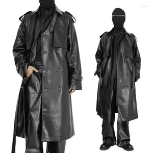 Мужские тренчи, модная одежда, пальто из искусственной кожи, длинная куртка, уникальный дизайн, свободный крой, двубортная верхняя одежда до колена