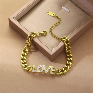 Hip Hop Style Micro Pave Lover Charm Bracelet Stainless Steel Cuban Link Chain Bracelets Bangle Jewelry for Lovers Gift