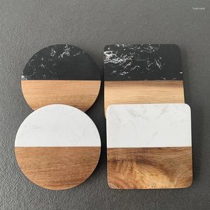 Table Mats Marble Wood Stitching Coffee Tea Square Round Cup Placemat Home Desktop Decoration Ornament