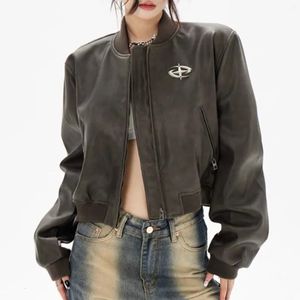 Mulheres Couro Falso Couro Deeptown Vintage Cropped Couro Rider Jaqueta Mulheres Bomber Moto Biker Zipper Y2K Moda Streetwear Outono Inverno 231026