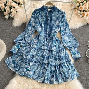 Casual Dresses Uulutonica Spring Autumn Women Elegant Fashion A-line Print Full Hollow Out Knee-length Lantern Sleeve Empire Stand236p