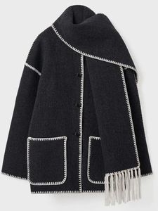 Women's Wool Blends Women Coat med halsduk Autumn Winter Warm Ulljackor Lady Vintage Elegant Single Breasted Overcoat Female Loose Jacket 231025