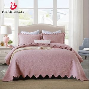 寝具セットバブルキス豪華なピンクのピンクの花柄キルティングコットンベッドスプレッドクイーン3pcsデリケートエッジカバーレット枕シャムセット231026