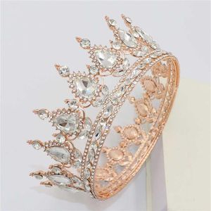 Queen King Tiaras och Crowns Bridal Women Rose Gold Color Crystal Headpiece Diadem Brud Bröllop hår smycken tillbehör H0827215G