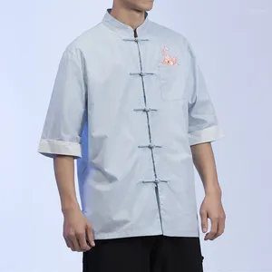 Men's Casual Shirts Summer Chinese Style Thin Lotus Embroidery Shirt Ethnic Retro Stand Collar Short Sleeve Top Men Clothing Plus Size Coat