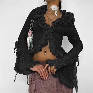 Women's Blouses Hirigin Women Y2k Long Sleeve Ruffle Trim Shirt Sexy Sheer Mesh See Through Cropped Top Fairy Deep V Neck Tee Streetwear