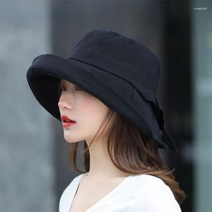 Berets Women's Bow Panama Bucket Hat 2023 Summer Fashion Kpop Bob Cotton Black Beach Sun Hats Foldable Wide Brim Anti-UV Fishing CapBere