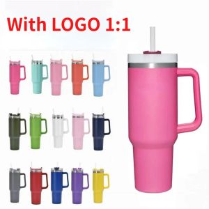 With logo 40oz stainless steel tumbler handle lid straw big capacity beer mug water bottle powder coating outdoor camping cup vacuum insulated drinking 1026i