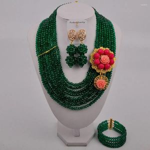 Necklace Earrings Set Army Green Teal Crystal Beaded African Jewelry Nigeria Beads Bridal