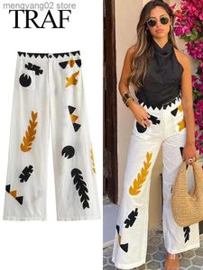 Women's Pants Capris TRAF Female Wide Leg Pants High Waist Cartoon Pattern Embroidery Decorate Pockets Button Woman's Chic Summer Casual Long Pants T231026