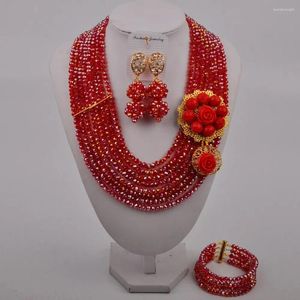 Necklace Earrings Set Red AB Costume Fashion African Jewelry Nigerian Wedding Beads Crystal Bridal