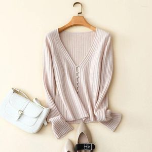 Maglioni da donna a coste lavorati a maglia in cashmere con scollo a V maglione rosa da donna autunno casual bottoni manica lunga maglieria moda