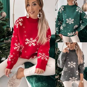 Maglione brutto donna di Natale spessore medio collo mezzo alto manica lunga cappotto lavorato a maglia tessuto in poliestere maglione di neve di Natale rosso verde grigio