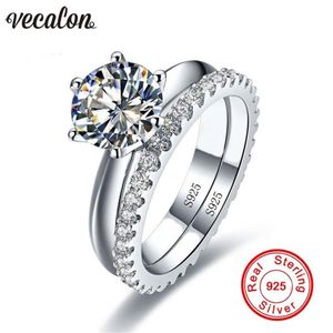 Vecalon Fine Jewelry Real 925 STERLING Gümüş Sonsuzluk Yüzük Seti Elmas CZ Nişan Düğün Bandı Kadınlar için Gelin Hediyesi2983