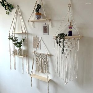 Dekorativa plattor boho bomullsrep vävd växthängare diy handgjorda tofs macrame tapestry vägg hängande hyllor flytande dekor