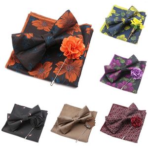 Bow Ties Colorful Luxury Red Orange Men's Bowtie Set Floral Brooch Pocket Square Butterfly Knot For Wedding Party Dinner Suit Shirt Gift