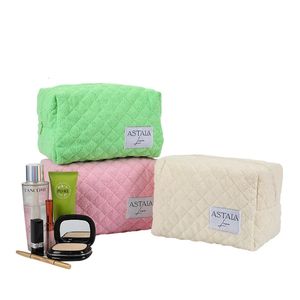 Sacos cosméticos casos viagem saco cosmético de pelúcia acolchoado treliça padrão bolsa doce cor bordado terry pano maquiagem organizador saco 231026