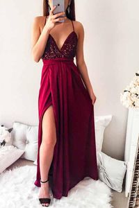 Spaghetti Straps Dark Red Long Prom Party Dress with Sequins Split Evening Gowns Robe De Soiree