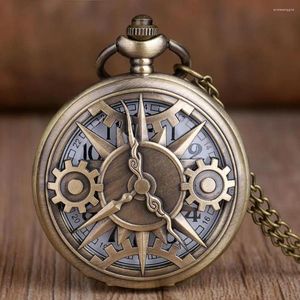 Orologi da tasca Vintage GEAR Squisito classico orologio al quarzo inciso in bronzo Rotro Collana con ciondolo a catena regalo per uomo