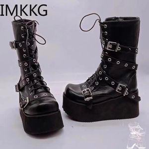 Boots Black Gothic Motorcycle Zip High Heel Punk Chunky Platform MidCalf Women Shoes De Mujer Big Size 43 231026