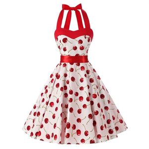 Sukienki swobodne kobiety czerwona wiśniowa sukienka imprezy vintage 50s Rockabilly Hepburn 2021 Elegancki letni ramy bez ramiączek huśtawka retro kantar w górę 248y