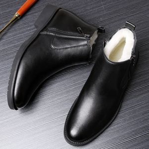 Ботинки US6-10, модные кожаные мужские повседневные зимние ботильоны с острым носком на молнии, зимние ботинки на теплом меху, хлопчатобумажная обувь 231026