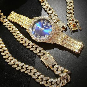 Women's Watches Quartz Luxury Gold Sliver Watch for Men Full Iced Out Watch Men Bling Miami Cuban Chain Rhinestone Bracelet Necklace Jewelry Set 231025