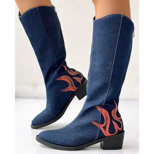 Buty modne vintage zachodnie kobiety niebieskie jeansowe masywne obcasy zip kowboj okrągły stóp swobodny wygodne butę kowbojową kobietę 231025