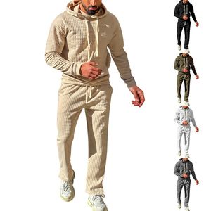 Fatos masculinos waffle conjunto de duas peças roupas masculinas casual manga longa com capuz e calças para homens outono moda ternos de cor sólida