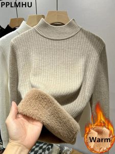 Kvinnors tröjor Vinter varm tröja Pullover Kvinnor Slim Thicken Plush Velvet Foded Knitwear Jumper Korean Half Turtleneck Poleras Soft Knit Tops 231025