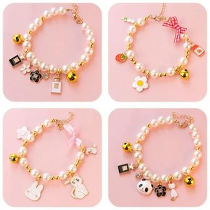 Dog Collars Cute Cat Pet Pearl Necklace Kitten Bowknot Pendant Bells Cats Collar Adjustable Accessories